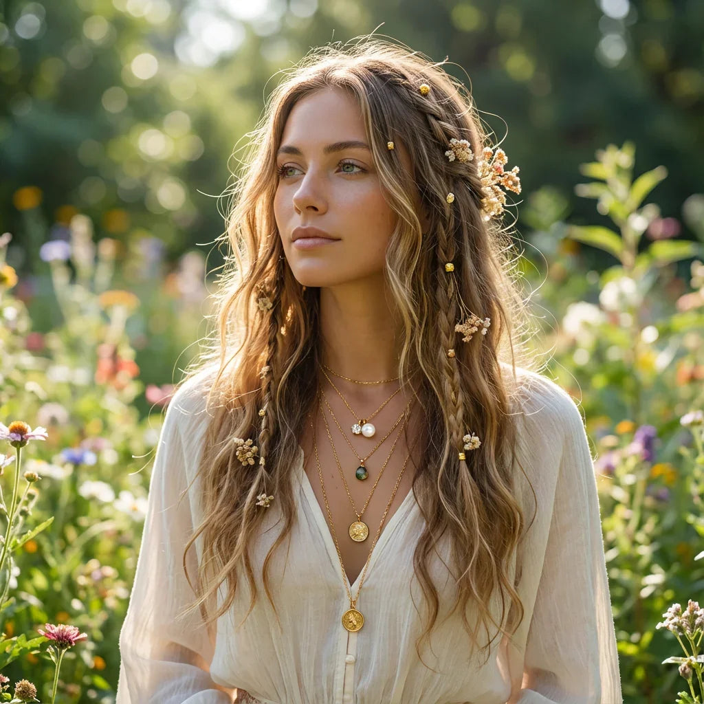 Woman wearing layered gold-plated necklaces and 925 silver jewelry in a floral garden