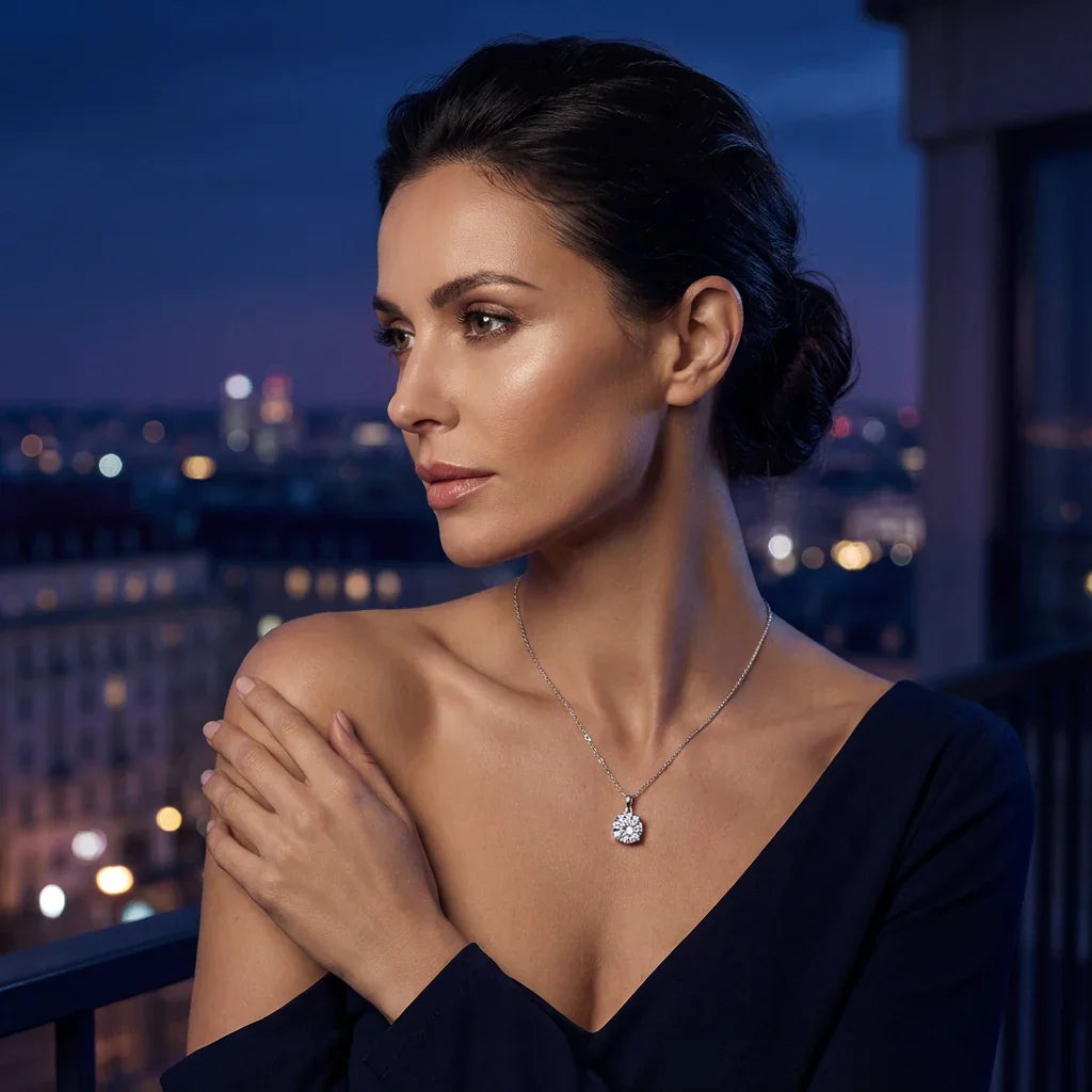 Woman wearing silver pendant necklace, evening city backdrop, elegant jewelry style