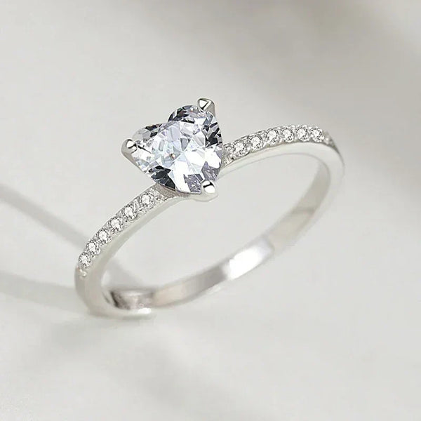 Heart-shaped gemstone silver ring with pavé band for women