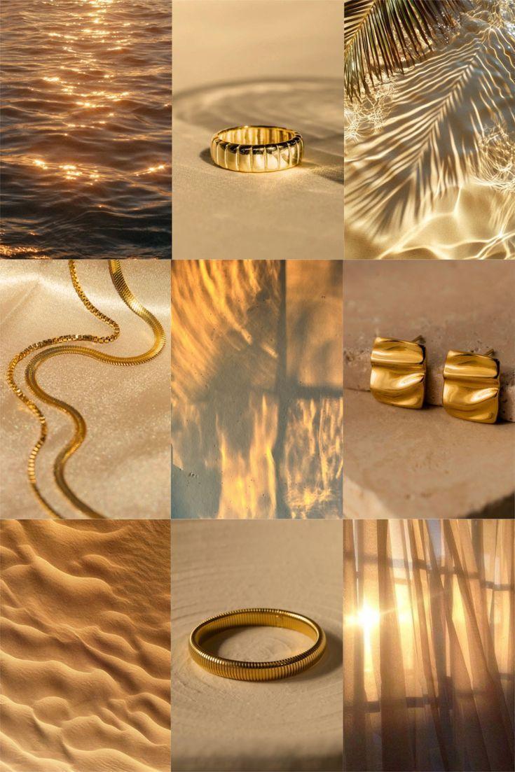 Collage of 18K gold-plated jewelry with natural light, textures, and water reflections – TM & Co Jewels Sustainability