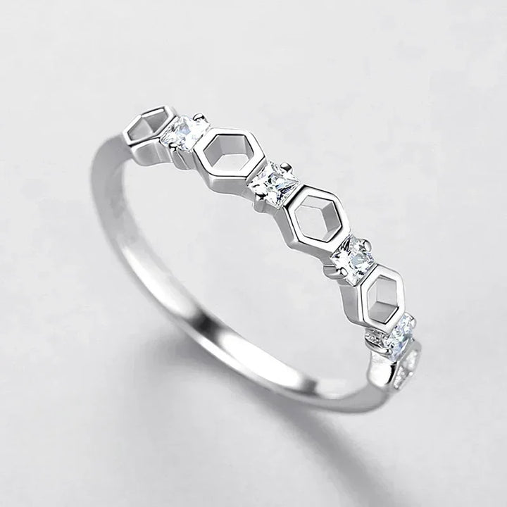 925 silver ring with hexagon geometric design and sparkling cubic zirconia accents