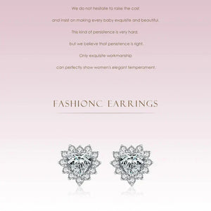 Pair of diamond earrings on a light pink background with text.