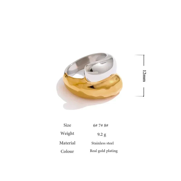 Chunky two-tone ring in gold plating and silver stainless steel, 12mm width, modern design.