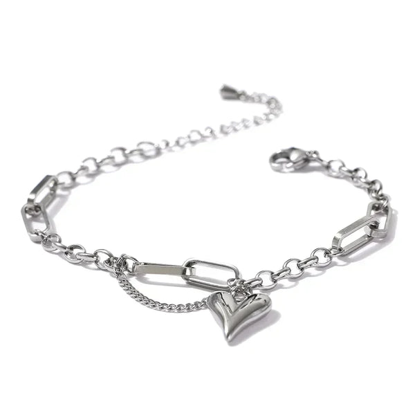 Steel chain bracelet with heart charm and modern rectangular links