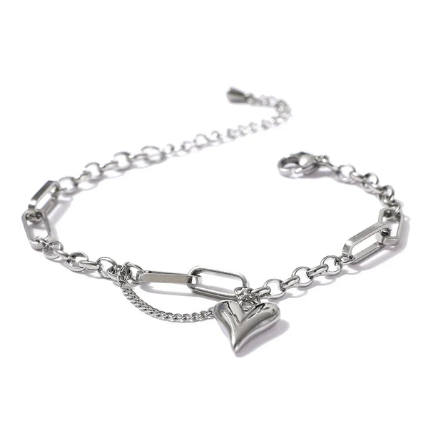 Steel chain bracelet with heart charm and modern rectangular links