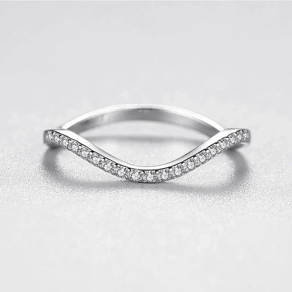 Sterling silver wave-shaped ring with clear stones, minimalist elegant jewelry for women
