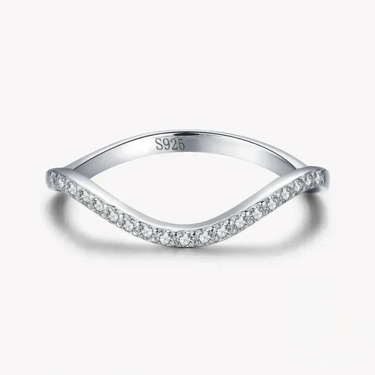 Sterling silver wave-shaped ring with clear stones, minimalist elegant jewelry for women