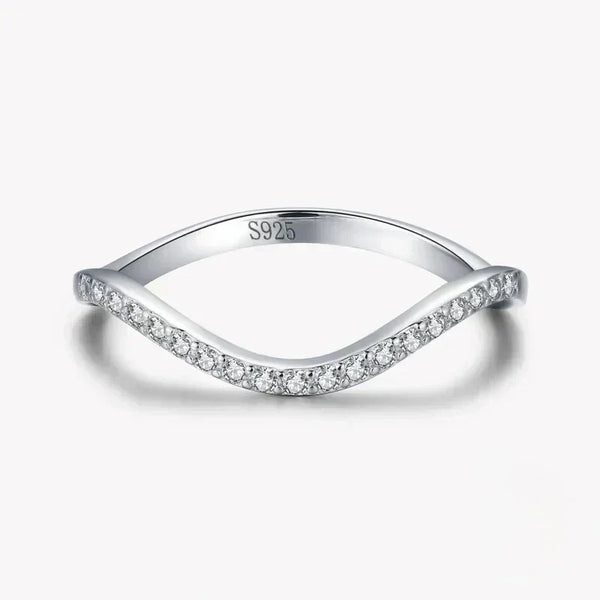 Sterling silver wave-shaped ring with clear stones, minimalist elegant jewelry for women