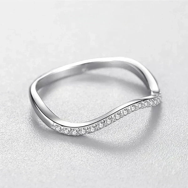 Sterling silver wave-shaped ring with clear stones, minimalist elegant jewelry for women
