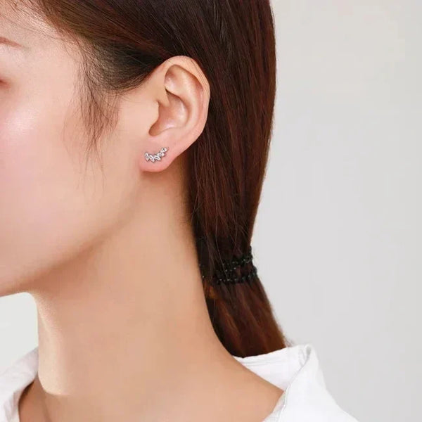 Woman wearing delicate 925 silver stud earrings with sparkling stones, close-up view