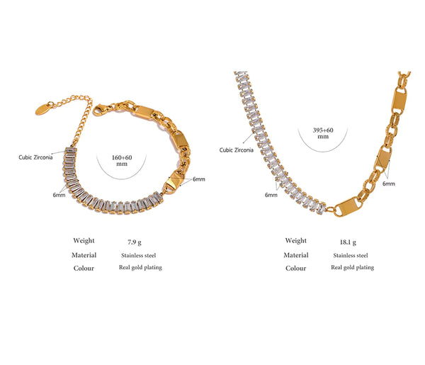 Two gold-plated stainless steel bracelets and necklaces with Cubic Zirconia stones, shown on a white background with text detailing weight, material, and color. Each piece includes a 6mm chain and clasp measurement.