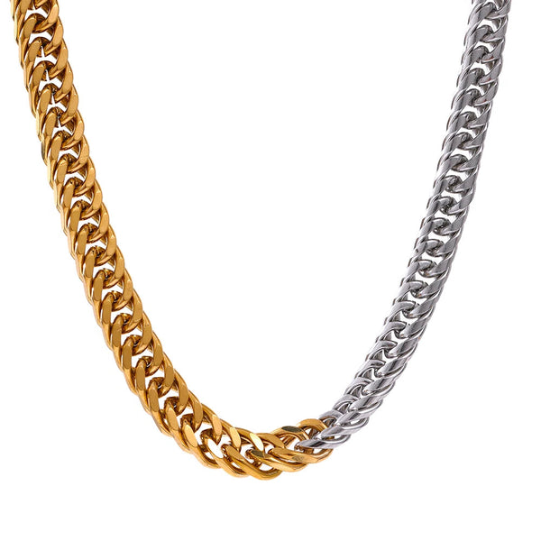 Gold and silver chain necklaces on a white background
