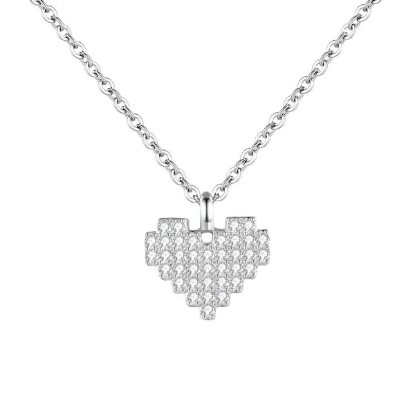 Silver necklace with a heart-shaped pendant on a white background