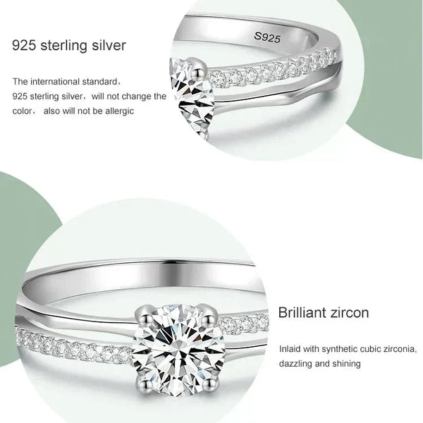 925 silver ring with round solitaire center and pavé set stones on split band