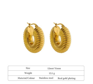Textured gold-plated stainless steel chunky hoop earrings, 31mm by 12mm, on white background.