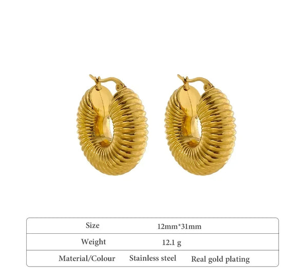 Textured gold-plated stainless steel chunky hoop earrings, 31mm by 12mm, on white background.