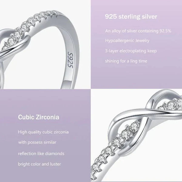 925 sterling silver ring with cubic zirconia stones, infinity design on pastel background