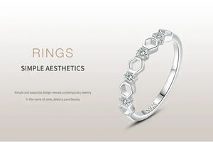 Sterling silver ring with hexagon and square design and sparkling stones, minimalist jewelry