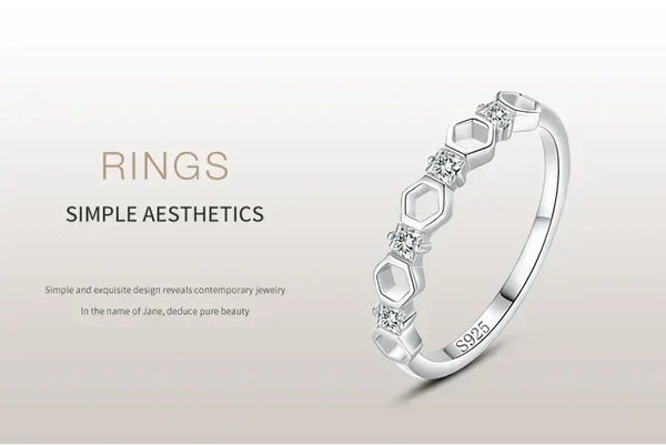 Sterling silver ring with hexagon and square design and sparkling stones, minimalist jewelry