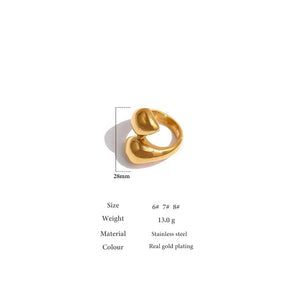 Gold-plated stainless steel open ring with unique abstract design, 28mm, on white background.