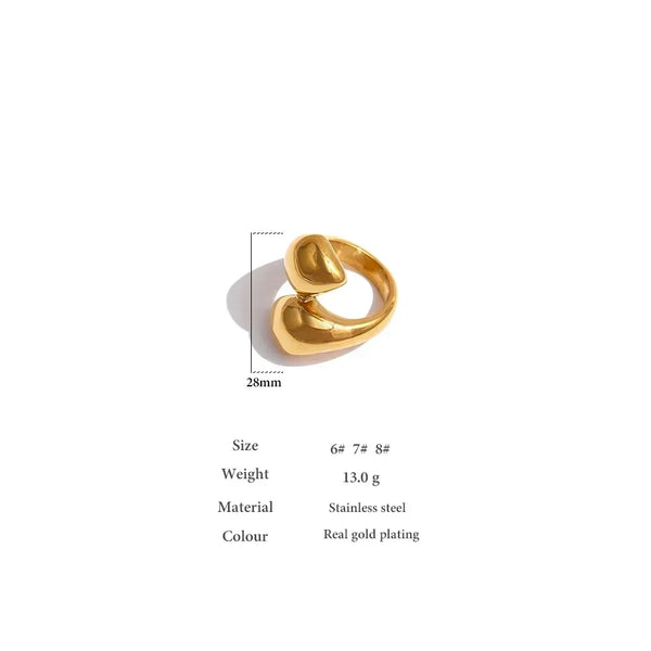 Gold-plated stainless steel open ring with unique abstract design, 28mm, on white background.
