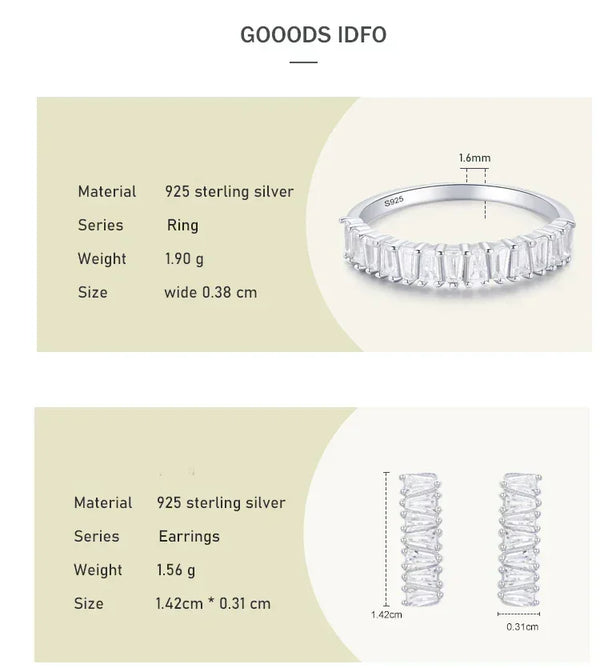 925 sterling silver ring and earrings with baguette-cut stones, detailed size and material info