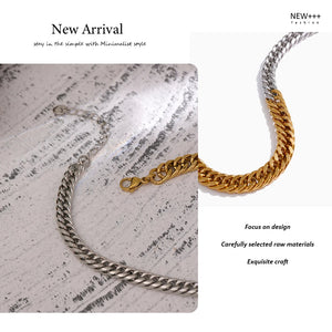 Gold and silver chain necklaces on a textured surface with promotional text.