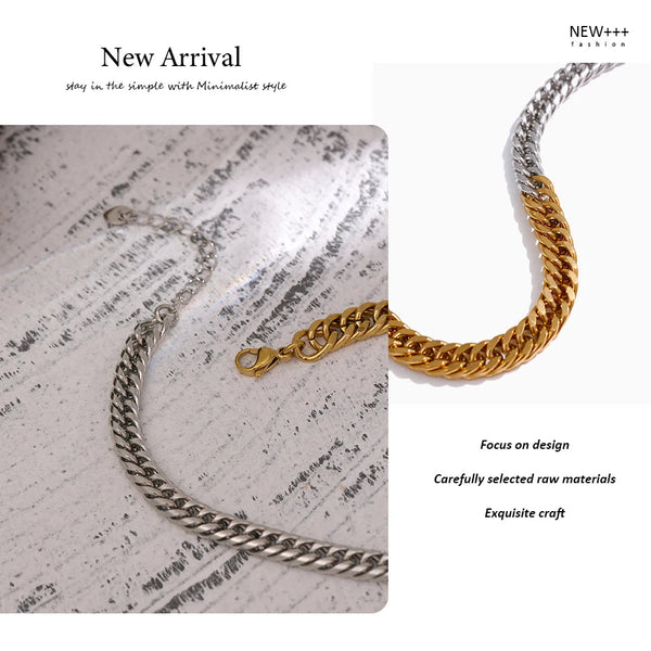 Gold and silver chain necklaces on a textured surface with promotional text.