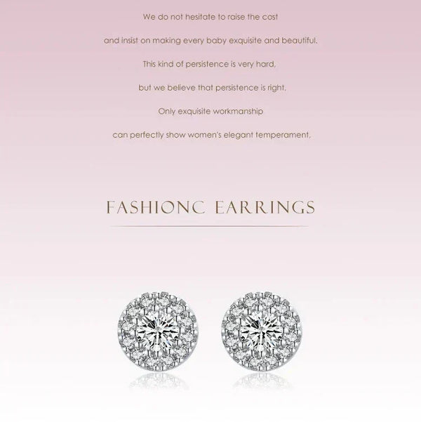 Pair of diamond stud earrings on a light pink background with text.