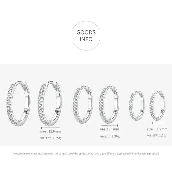 Three sizes of silver hoop earrings with pavé crystals, shown with dimensions and weights.
