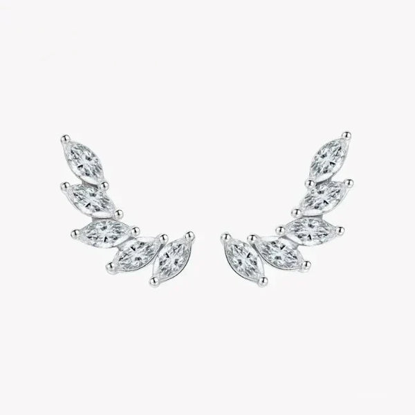 Marquise-cut crystal sterling silver ear climber earrings on white background