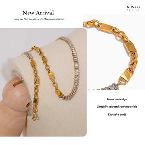 Gold chain bracelets displayed on a beige fabric jewelry stand, with one bracelet featuring clear rhinestones. The image includes promotional text and a close-up detail of the bracelet clasp on a white background.