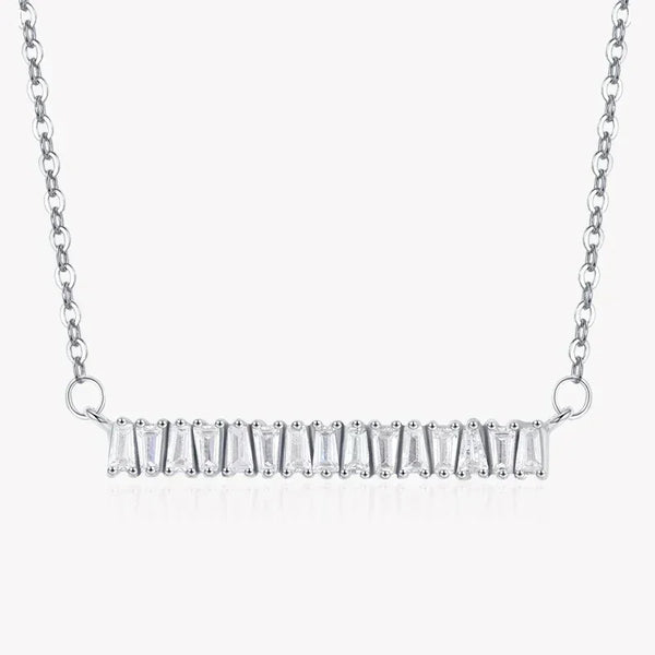 Sterling silver necklace with rectangular baguette stones on a delicate chain