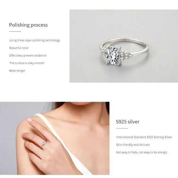 Elegant silver ring with a rectangular clear gemstone and small accent stones on band