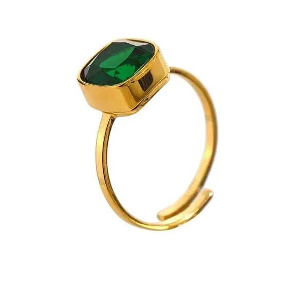 Gold-plated ring with green gemstone, open band design, minimalist jewelry for women