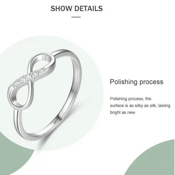 Silver infinity ring with polishing process text on a white background