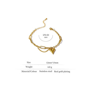 Gold-plated stainless steel bracelet with heart pendant, 170+50mm length, jewelry product photo