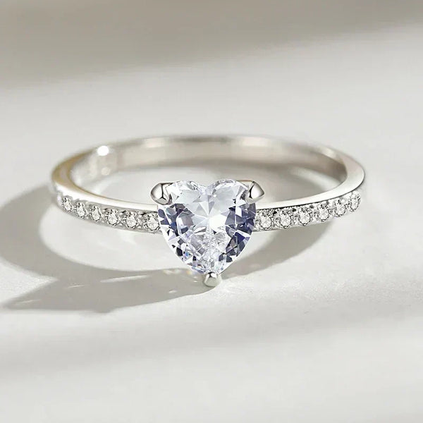 Heart-shaped gemstone silver ring with pavé band for women