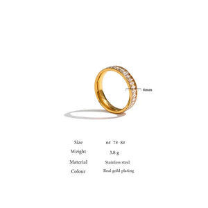 Gold-plated stainless steel ring with clear stones, 6mm wide, elegant women's jewelry