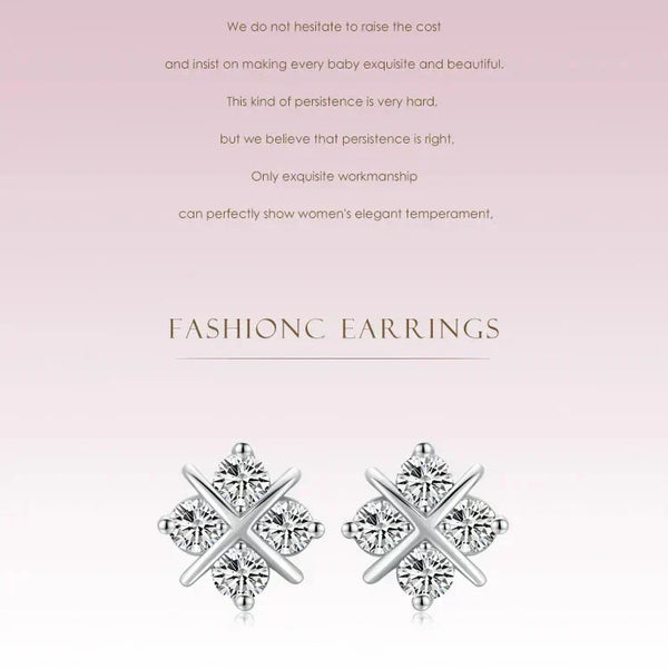 Pair of diamond earrings on a pink background with text