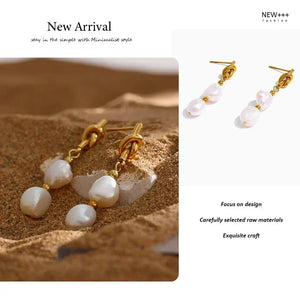 Pearl earrings with gold hooks on sand, labeled 'New Arrival' and 'NEW+++ Fashion'.