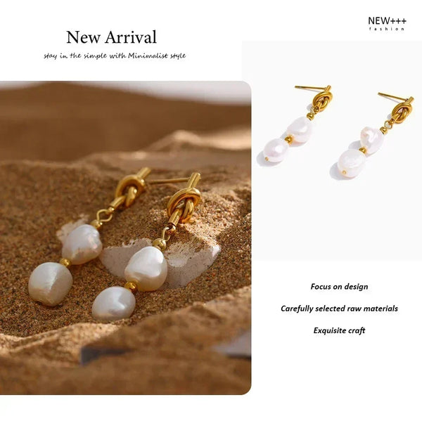 Pearl earrings with gold hooks on sand, labeled 'New Arrival' and 'NEW+++ Fashion'.