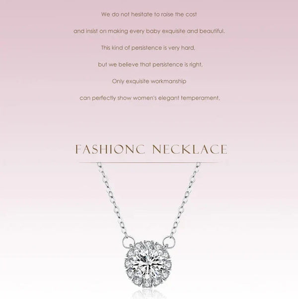 Silver necklace with a diamond pendant on a light gray background.
