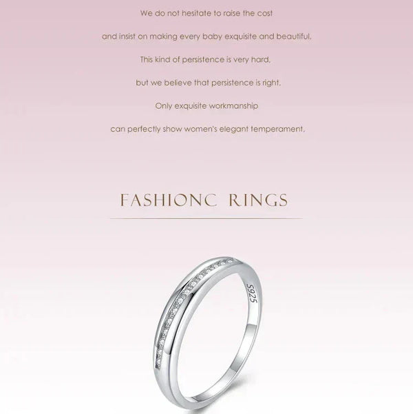 Silver ring with diamonds on a light pink background with text about fashion rings.