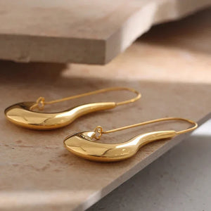 Gold earrings on a stone surface with 'Design Details' text.