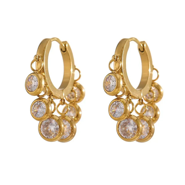 Gold-plated hoop earrings with multiple round crystal dangle charms, elegant jewelry