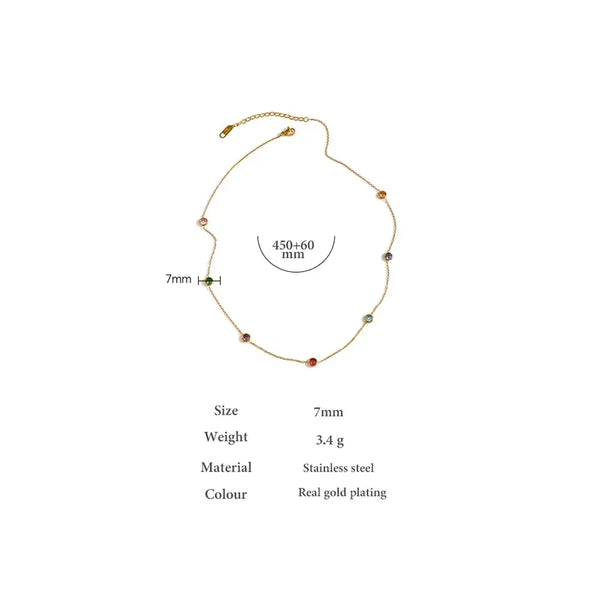 Gold-plated necklace with colorful gemstone accents, stainless steel, 450mm length, 7mm stones
