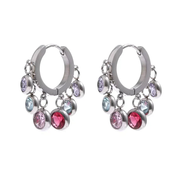 Silver hoop earrings with multicolor gemstone charms, 925 silver jewelry for women