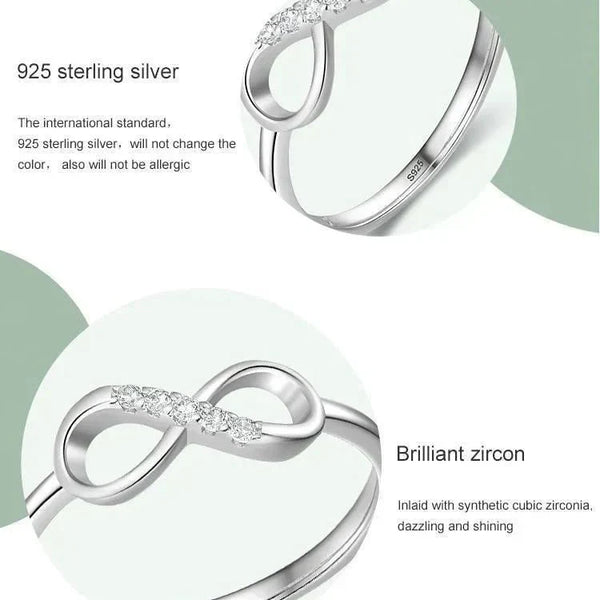 925 sterling silver infinity ring with cubic zirconia accents on white background