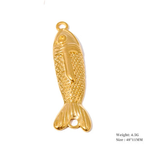 A gold-colored fish-shaped jewelry charm with a textured scale pattern and a hanging loop, shown on a plain white background with product specifications printed in the bottom right corner.